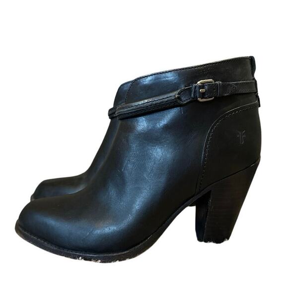 Frye Jenny Leather Ankle Boots Booties Black Stacked Heels Zip Buckle 7.5 B - Picture 1 of 9